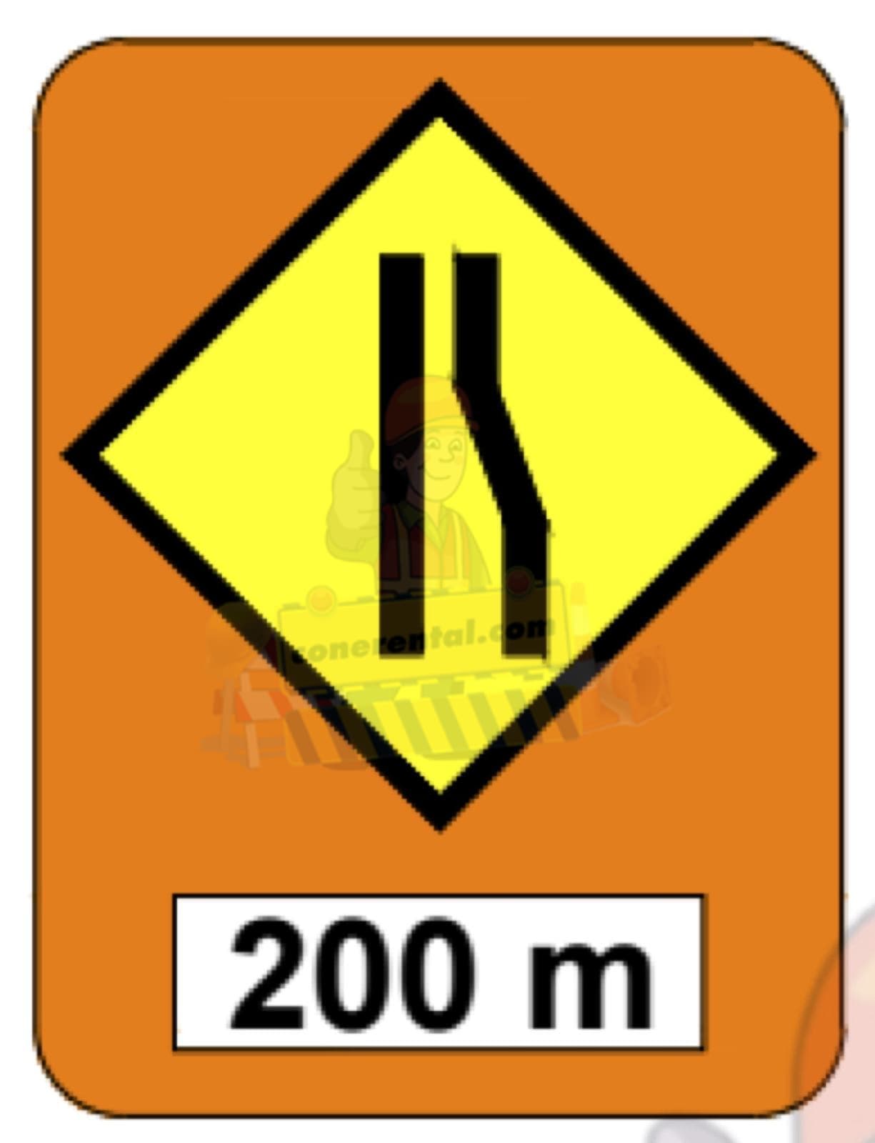 ROAD NARROW LEFT / RIGHT — JKR临时道路施工告示牌, 马来西亚。 道路从左侧或右侧变窄。
